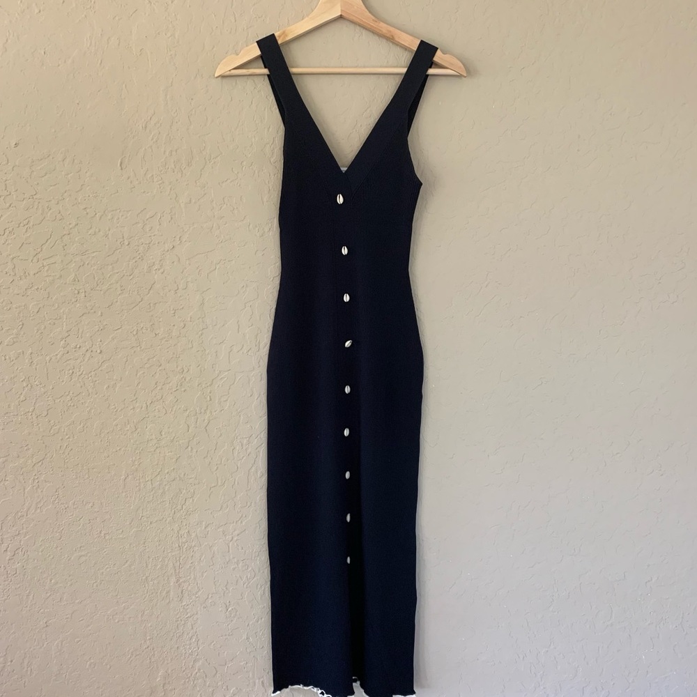 &other stories navy midi knit dress pooka trim